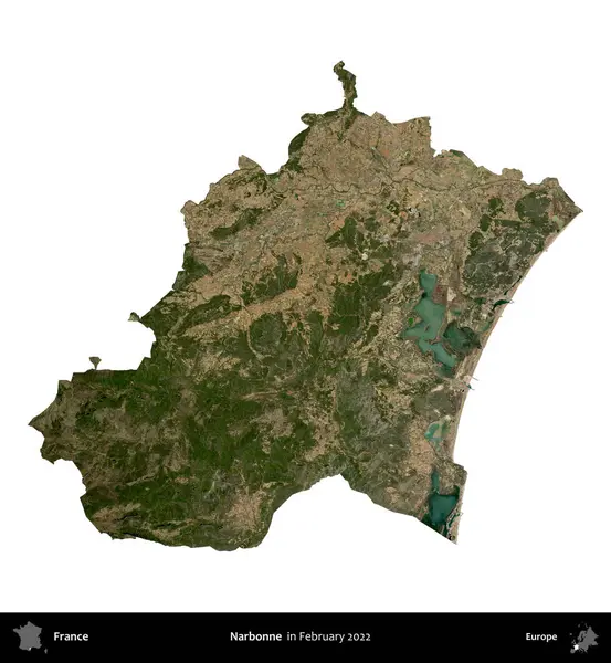 Narbonne. Fransa 'nın idari bölgesi, Şubat 2022' de çekilen Kopernik Nöbetçi karolarından oluşan bir uydu görüntüsüyle beyaza izole edildi.
