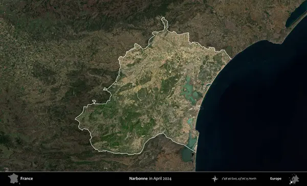 Narbonne. Fransa 'nın idari alanı, Nisan 2024' te çekilen Kopernik Nöbetçi karolarından oluşan koyu renkli bir uydu görüntüsü üzerinde vurgulandı ve özetlendi.