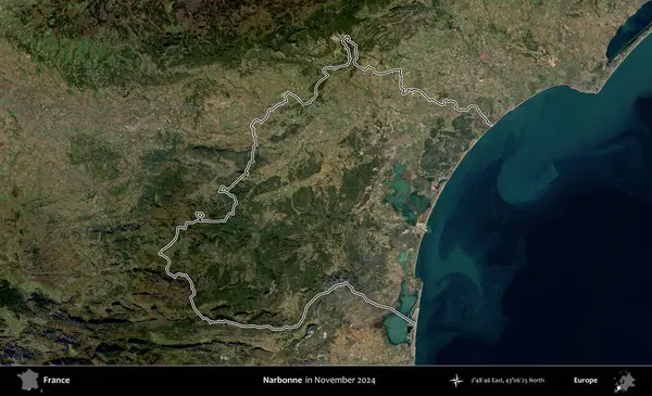 Narbonne. Copernicus Sentinel 'in Kasım 2024' te çekilen uydu görüntüsünde Fransa 'nın idari bölgesinin ana hatlarını çizdim.