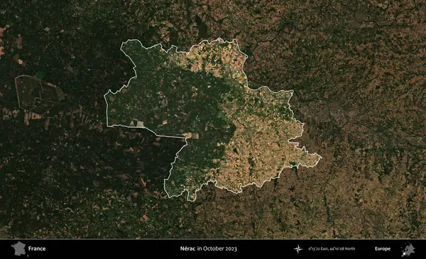 Nerac. Fransa 'nın idari alanı, Ekim 2023' te çekilen Kopernik Nöbetçi karolarından oluşan koyu renkli bir uydu görüntüsü üzerinde vurgulandı ve özetlendi.