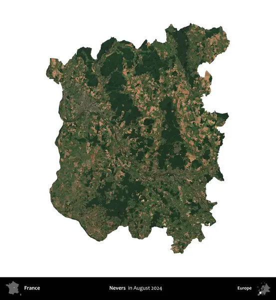 Nevers. Fransa 'nın idari bölgesi, Ağustos 2024' te çekilen Kopernik Nöbetçi karolarından oluşan bir uydu görüntüsüyle beyaza izole edildi.