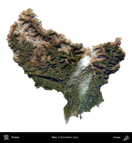 Güzelmiş. Fransa 'nın idari bölgesi, Kasım 2020' de çekilen Kopernik Nöbetçi karolarından oluşan bir uydu görüntüsü üzerinde beyaza izole edildi.