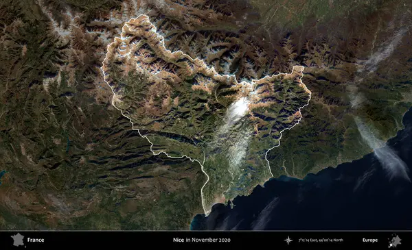 Güzelmiş. Fransa 'nın idari alanı, Kopernik Sentinel' in Kasım 2020 'de çekilmiş koyu renkli bir uydu görüntüsüyle vurgulandı ve özetlendi.