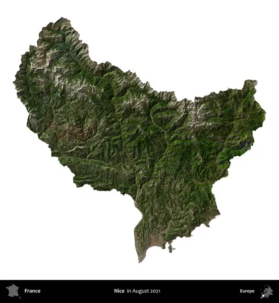 Güzelmiş. Fransa 'nın idari bölgesi, Ağustos 2021' de çekilen Kopernik Nöbetçi karolarından oluşan bir uydu görüntüsüyle beyaza izole edildi.