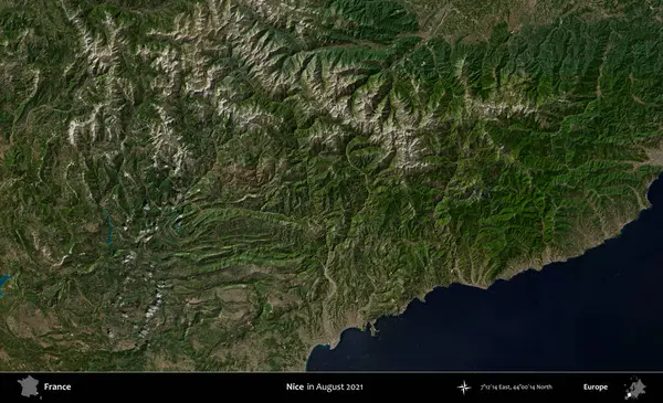 Güzelmiş. Copernicus Sentinel 'in Ağustos 2021' de çekilmiş uydu görüntüsü üzerine Fransa 'nın idari bölgesi.