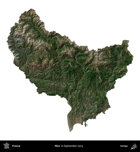 Güzelmiş. Fransa 'nın idari bölgesi, Eylül 2023' te çekilen Kopernik Nöbetçi karolarından oluşan bir uydu görüntüsü üzerinde beyaza izole edildi.