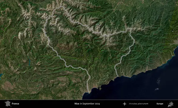 Güzelmiş. Eylül 2024 'te çekilen Copernicus Sentinel karolarından oluşan bir uydu görüntüsünde Fransa' nın idari bölgesinin ana hatlarını çizdim.