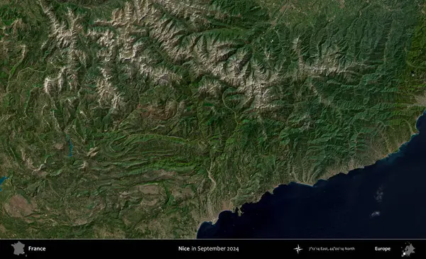 Güzelmiş. Copernicus Sentinel 'in Eylül 2024' te çekilmiş uydu görüntüsü üzerine Fransa 'nın idari bölgesi.