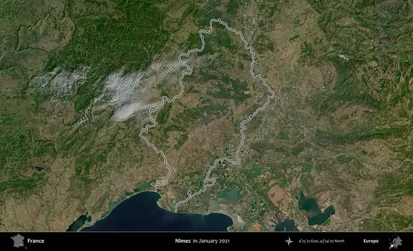 Nimes. Copernicus Sentinel 'in Ocak 2021' de çekilen uydu görüntüsünde Fransa 'nın idari bölgesinin ana hatları belirlendi.