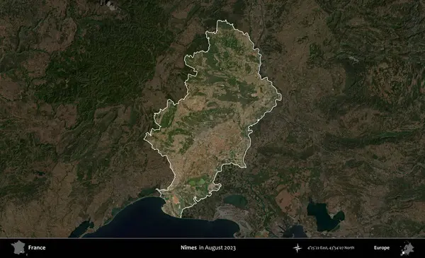 Nimes. Fransa 'nın idari alanı, Ağustos 2023' te çekilen Kopernik Nöbetçi karolarından oluşan koyu renkli bir uydu görüntüsüyle vurgulandı ve özetlendi.