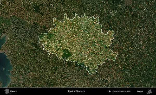 Niort. Fransa 'nın idari alanı, Mayıs 2023' te çekilen Kopernik Nöbetçi karolarından oluşan koyu renkli bir uydu görüntüsüyle vurgulandı ve özetlendi.