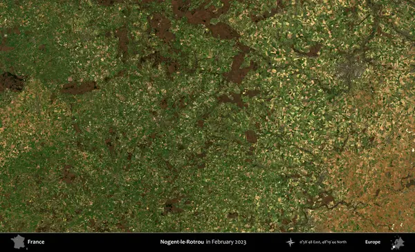 Nogent-le-Rotrou. Copernicus Sentinel 'in Şubat 2023' te çekilmiş uydu görüntüsü üzerine Fransa 'nın idari bölgesi.