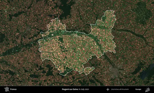 Nogent-sur-Seine. Fransa 'nın idari alanı, Temmuz 2021' de çekilen Kopernik Nöbetçi karolarından oluşan koyu renkli bir uydu görüntüsüyle vurgulandı ve özetlendi.
