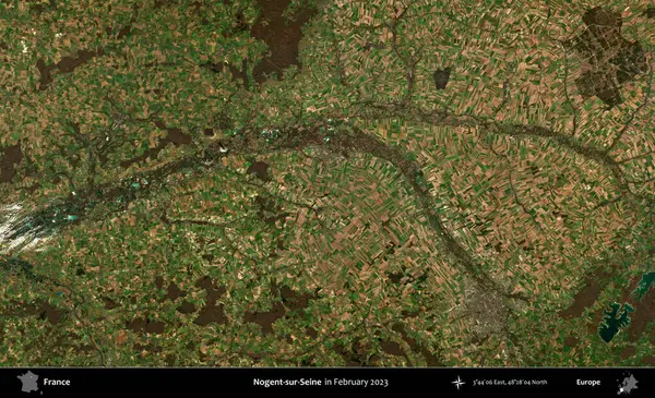 Nogent-sur-Seine. Copernicus Sentinel 'in Şubat 2023' te çekilmiş uydu görüntüsü üzerine Fransa 'nın idari bölgesi.
