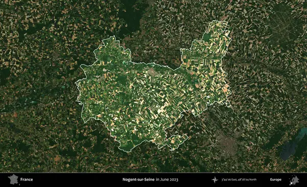 Nogent-sur-Seine. Fransa 'nın idari alanı, Haziran 2023' te çekilen Kopernik Nöbetçi karolarından oluşan koyu renkli bir uydu görüntüsüyle vurgulandı ve özetlendi.