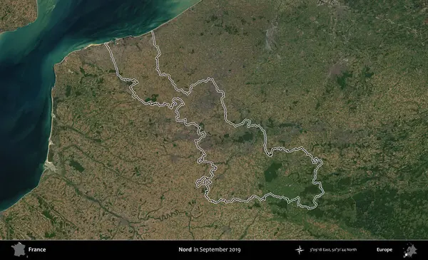 Nord. Eylül 2019 'da çekilen Copernicus Sentinel karolarından oluşan bir uydu görüntüsünde Fransa' nın idari bölgesinin ana hatlarını çizdim.