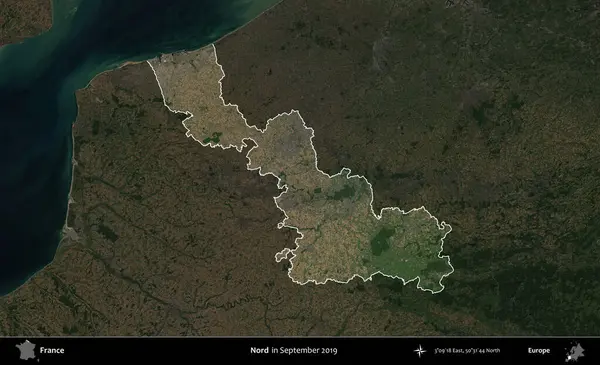 Nord. Fransa 'nın idari alanı, Eylül 2019' da çekilen Kopernik Nöbetçi karolarından oluşan koyu renkli bir uydu görüntüsü üzerinde vurgulandı ve özetlendi.
