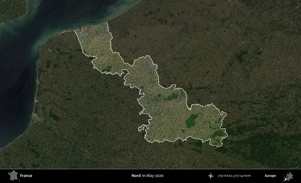 Nord. Fransa 'nın idari alanı, Mayıs 2020' de çekilen Kopernik Nöbetçi karolarından oluşan koyu renkli bir uydu görüntüsü üzerinde vurgulandı ve özetlendi.