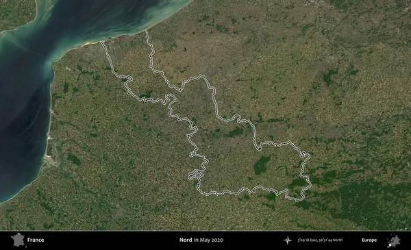 Nord. Mayıs 2020 'de çekilen Copernicus Sentinel karolarından oluşan bir uydu görüntüsünde Fransa' nın idari bölgesinin ana hatları belirlendi.