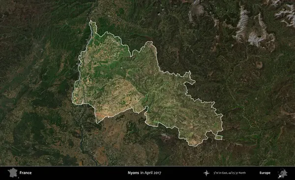Nyons. Fransa 'nın idari alanı, Nisan 2017' de çekilen Kopernik Nöbetçi karolarından oluşan koyu renkli bir uydu görüntüsü üzerinde vurgulandı ve özetlendi.