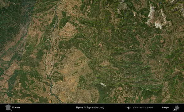 Nyons. Eylül 2019 'da Copernicus Sentinel karolarından oluşan bir uydu görüntüsü üzerine Fransa' nın idari bölgesi