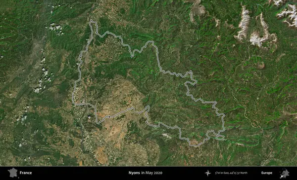 Nyons. Mayıs 2020 'de çekilen Copernicus Sentinel karolarından oluşan bir uydu görüntüsünde Fransa' nın idari bölgesinin ana hatları belirlendi.