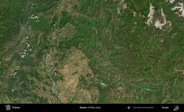 Nyons. Mayıs 2020 'de Copernicus Sentinel karolarından oluşan bir uydu görüntüsü üzerine Fransa' nın idari bölgesi