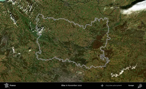 Oise. Copernicus Sentinel 'in Kasım 2020' de çekilen uydu görüntüsünde Fransa 'nın idari bölgesinin ana hatları belirlendi.
