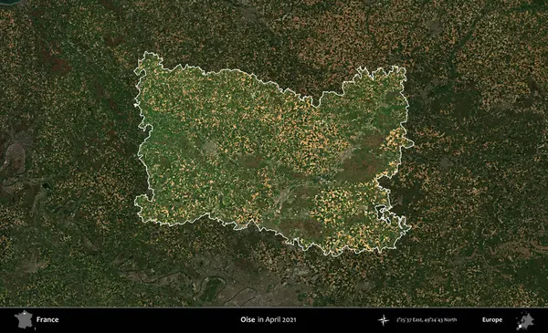 Oise. Fransa 'nın idari alanı, Nisan 2021' de çekilen Kopernik Sentinel karolarından oluşan koyu renkli bir uydu görüntüsü üzerinde vurgulandı ve özetlendi.