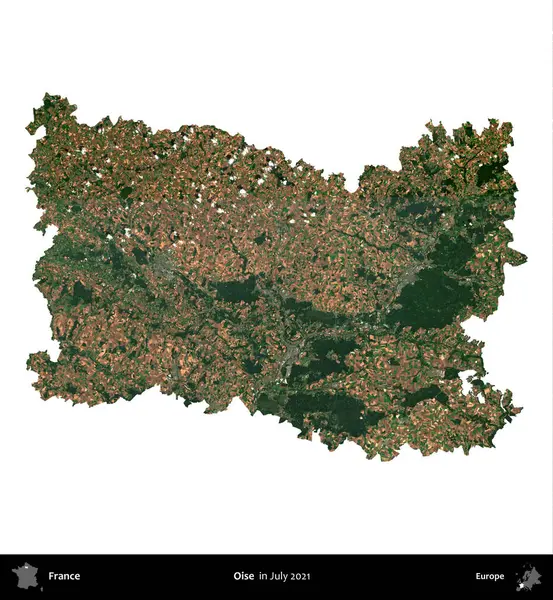 Oise. Fransa 'nın idari bölgesi, Temmuz 2021' de çekilen Kopernik Nöbetçi karolarından oluşan bir uydu görüntüsüyle beyaza izole edildi.