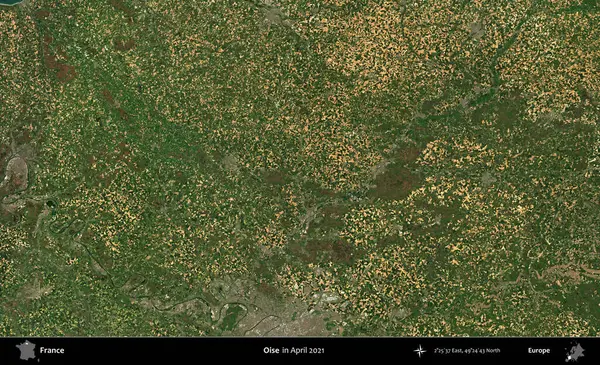 Oise. Copernicus Sentinel 'in Nisan 2021' de çekilmiş uydu görüntüsü üzerine Fransa 'nın idari bölgesi.