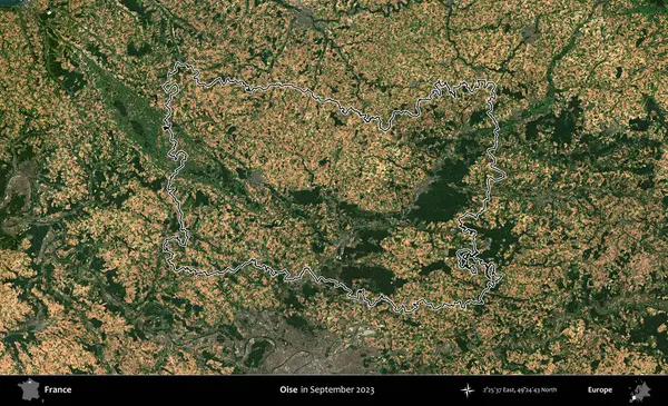 Oise. Eylül 2023 'te çekilen Copernicus Sentinel karolarından oluşan bir uydu görüntüsünde Fransa' nın idari bölgesinin ana hatlarını çizdim.