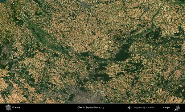 Oise. Copernicus Sentinel 'in Eylül 2023' te çekilmiş uydu görüntüsü üzerine Fransa 'nın idari bölgesi.