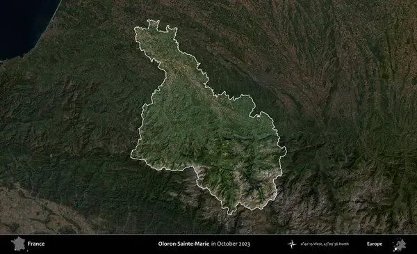 Oloron-Sainte-Marie. Fransa 'nın idari alanı, Ekim 2023' te çekilen Kopernik Nöbetçi karolarından oluşan koyu renkli bir uydu görüntüsü üzerinde vurgulandı ve özetlendi.