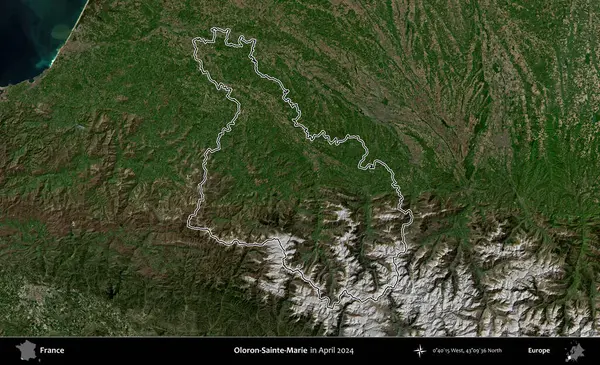 Oloron-Sainte-Marie. Nisan 2024 'te çekilen Copernicus Sentinel karolarından oluşan bir uydu görüntüsünde Fransa' nın idari bölgesinin ana hatlarını çizdim.