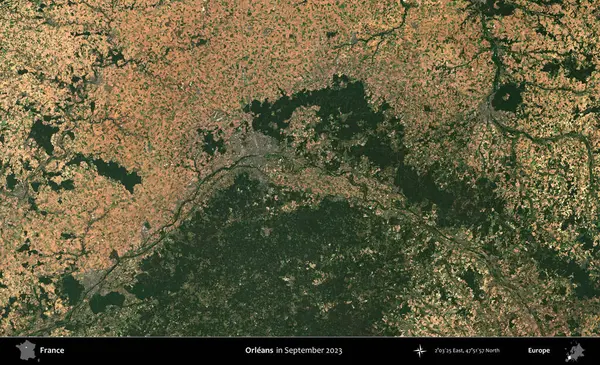 - Orleans. Copernicus Sentinel 'in Eylül 2023' te çekilmiş uydu görüntüsü üzerine Fransa 'nın idari bölgesi.