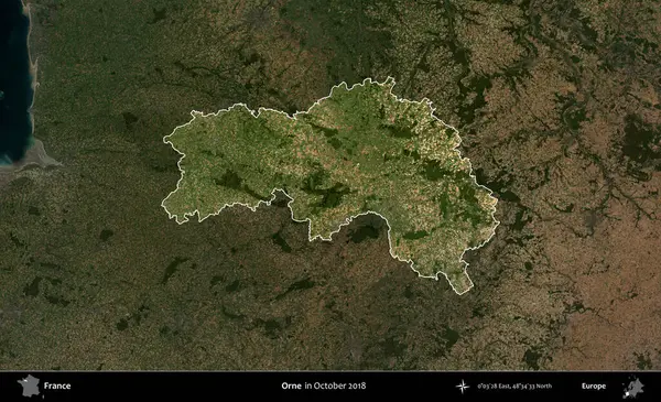 Orne. Fransa 'nın idari alanı, Ekim 2018' de çekilen Kopernik Nöbetçi karolarından oluşan koyu renkli bir uydu görüntüsü üzerinde vurgulandı ve özetlendi.
