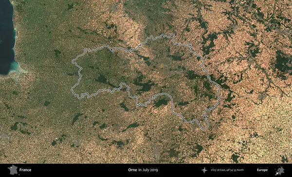 Orne. Copernicus Sentinel 'in Temmuz 2019' da çekilen uydu görüntüsünde Fransa 'nın idari bölgesinin ana hatları belirlendi.