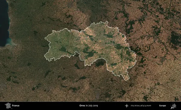 Orne. Fransa 'nın idari alanı, Temmuz 2019' da çekilen Kopernik Nöbetçi karolarından oluşan koyu renkli bir uydu görüntüsüyle vurgulandı ve özetlendi.