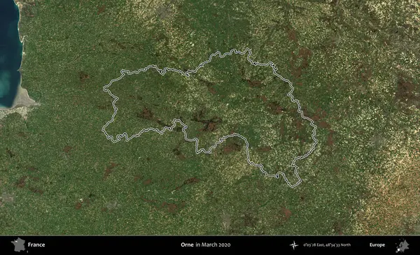 Orne. Mart 2020 'de çekilen Copernicus Sentinel karolarından oluşan bir uydu görüntüsünde Fransa' nın idari bölgesinin ana hatları belirlendi.
