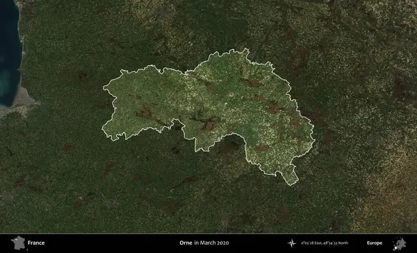 Orne. Fransa 'nın idari alanı, Mart 2020' de çekilen Kopernik Nöbetçi karolarından oluşan koyu renkli bir uydu görüntüsü üzerinde vurgulandı ve özetlendi.