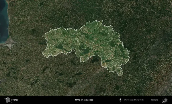 Orne. Fransa 'nın idari alanı, Mayıs 2020' de çekilen Kopernik Nöbetçi karolarından oluşan koyu renkli bir uydu görüntüsü üzerinde vurgulandı ve özetlendi.