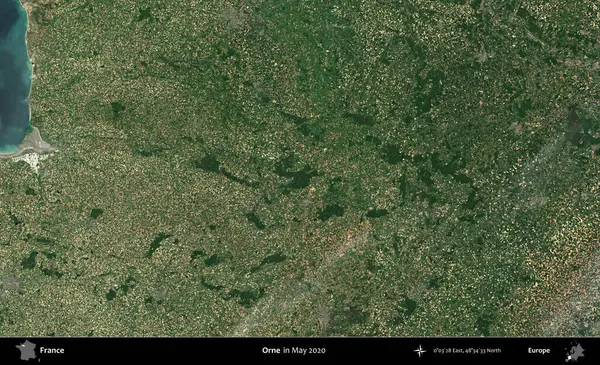 Orne. Mayıs 2020 'de Copernicus Sentinel karolarından oluşan bir uydu görüntüsü üzerine Fransa' nın idari bölgesi
