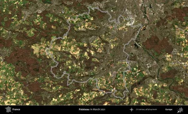 Palaiseau 'da. Mart 2021 'de çekilen Copernicus Sentinel karolarından oluşan bir uydu görüntüsünde Fransa' nın idari bölgesinin ana hatları belirlendi.