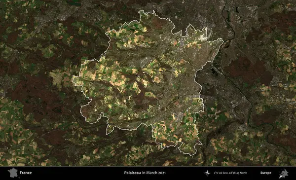 Palaiseau 'da. Fransa 'nın idari alanı, Mart 2021' de çekilen Kopernik Sentinel karolarından oluşan koyu renkli bir uydu görüntüsü üzerinde vurgulandı ve özetlendi.