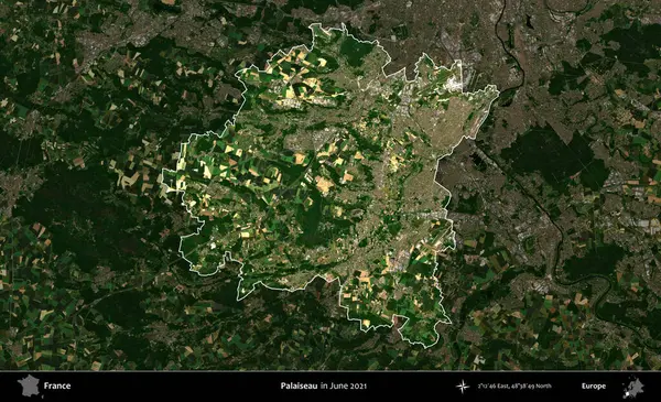 Palaiseau 'da. Fransa 'nın idari alanı, Haziran 2021' de çekilen Kopernik Sentinel karolarından oluşan koyu renkli bir uydu görüntüsü üzerinde vurgulandı ve özetlendi.