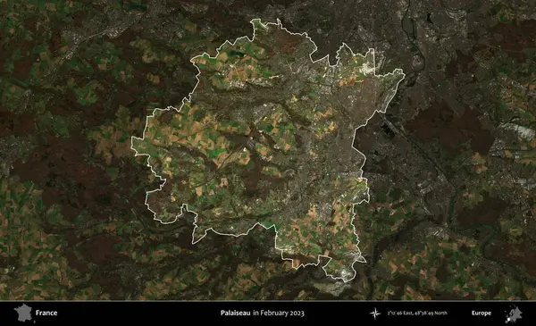 Palaiseau 'da. Fransa 'nın idari alanı, Şubat 2023' te çekilen Kopernik Nöbetçi karolarından oluşan koyu renkli bir uydu görüntüsü üzerinde vurgulandı ve özetlendi.