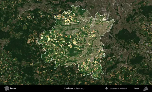 Palaiseau 'da. Fransa 'nın idari alanı, Haziran 2023' te çekilen Kopernik Nöbetçi karolarından oluşan koyu renkli bir uydu görüntüsüyle vurgulandı ve özetlendi.