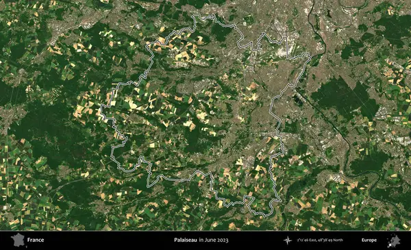 Palaiseau 'da. Haziran 2023 'te çekilen Copernicus Sentinel karolarından oluşan bir uydu görüntüsünde Fransa' nın idari bölgesinin ana hatları belirlendi.