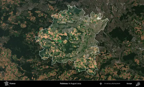 Palaiseau 'da. Fransa 'nın idari alanı, Ağustos 2024' te çekilen Kopernik Sentinel karolarından oluşan koyu renkli bir uydu görüntüsü üzerinde vurgulandı ve özetlendi.
